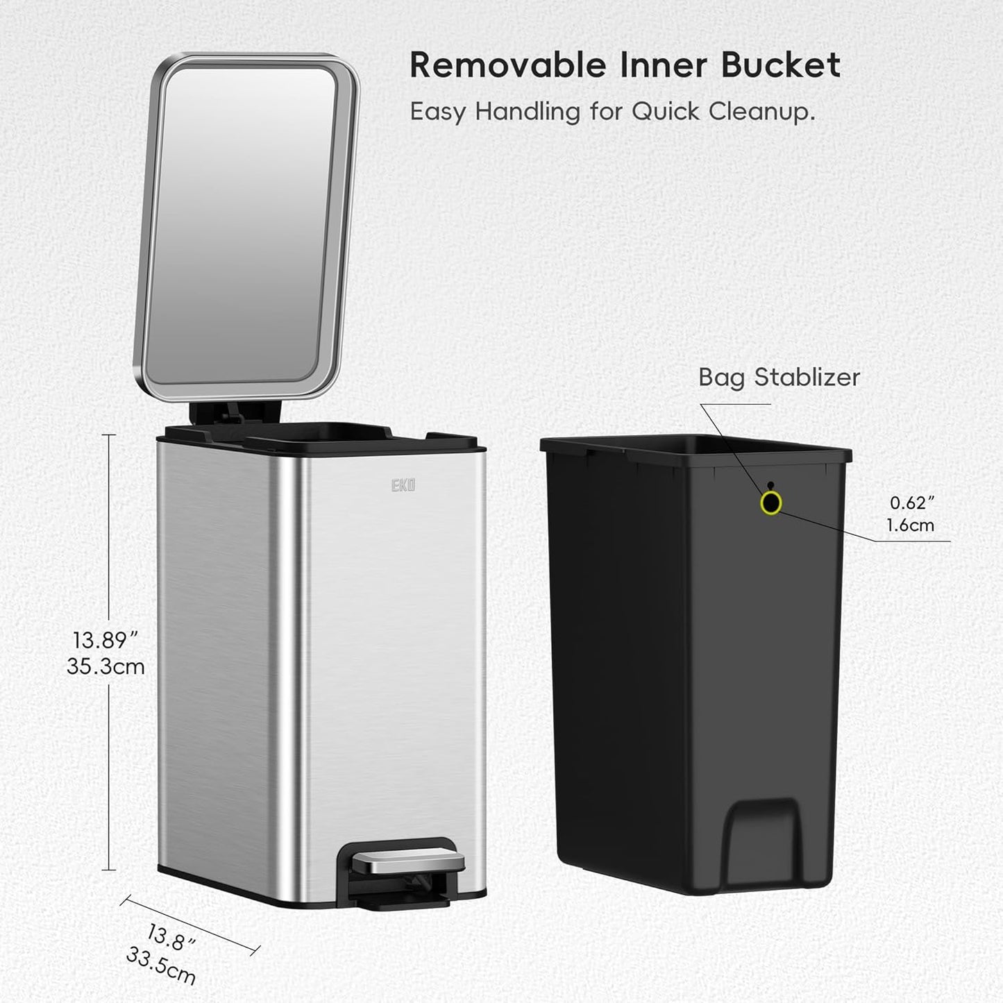 EKO Small Bathroom Trash Can with Lid Soft Close, Step Pedal, 10 Liter / 2.6 Gallon Stainless Steel Garbage Can with Removable Inner Bucket, Anti-Fingerprint Finish (Silver)