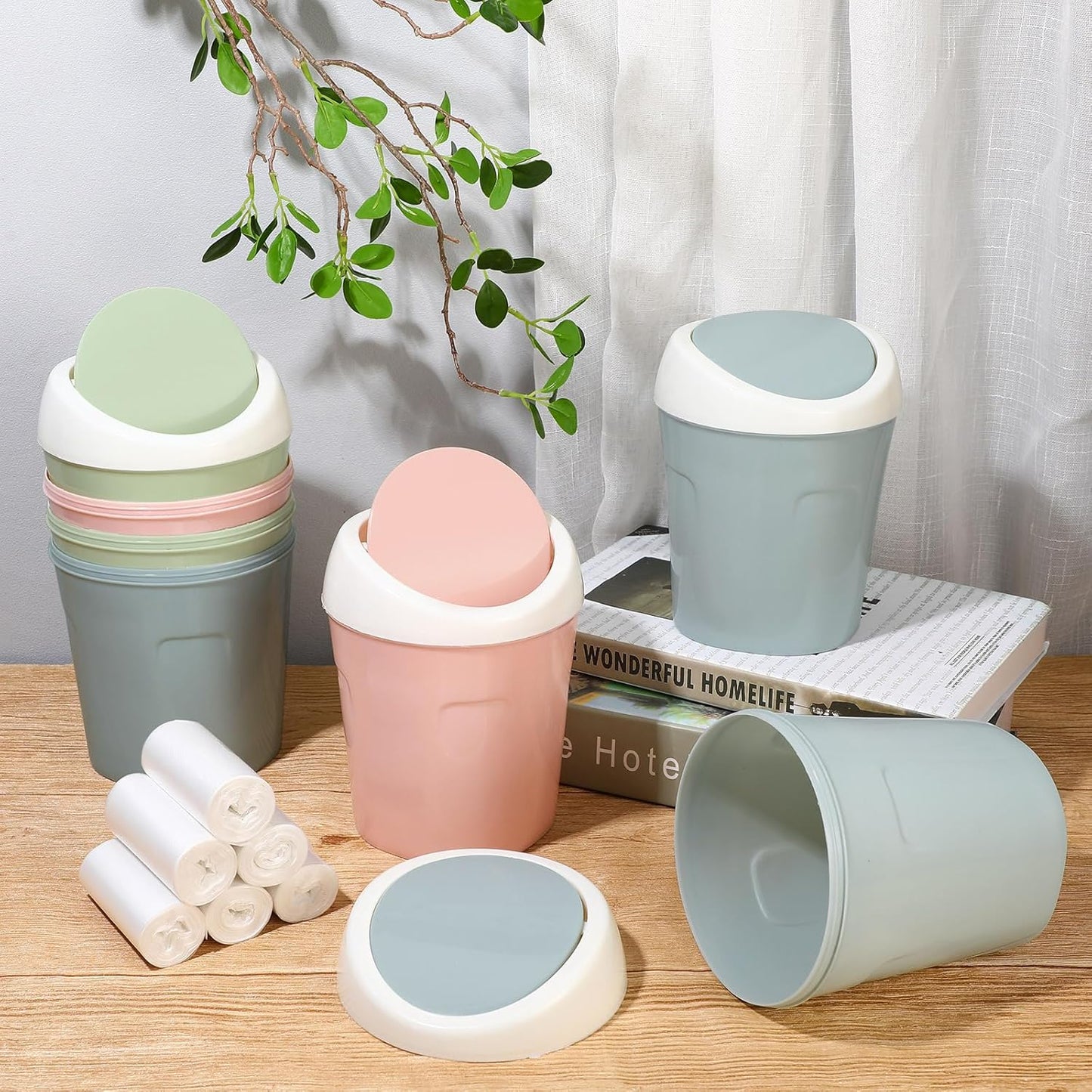 Zhehao 8 Pcs Plastic Mini Wastebasket Trash Can with Swing Lid 360 Trash Bags Desktop Small Garbage Bin Countertop Vanity Tabletop Waste Paper Basket for Home Office (Blue,Green,Pink)