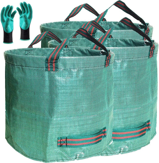Professional 3-Pack 80 Gallons Lawn Garden Bag Leaf Waste Bags (D26, H33 inches) with Coated Gardening Gloves,Reuseable Heavy Duty Patio Bags,Grass Pool Bags,Home Yard Trash Bags with 4 Handles