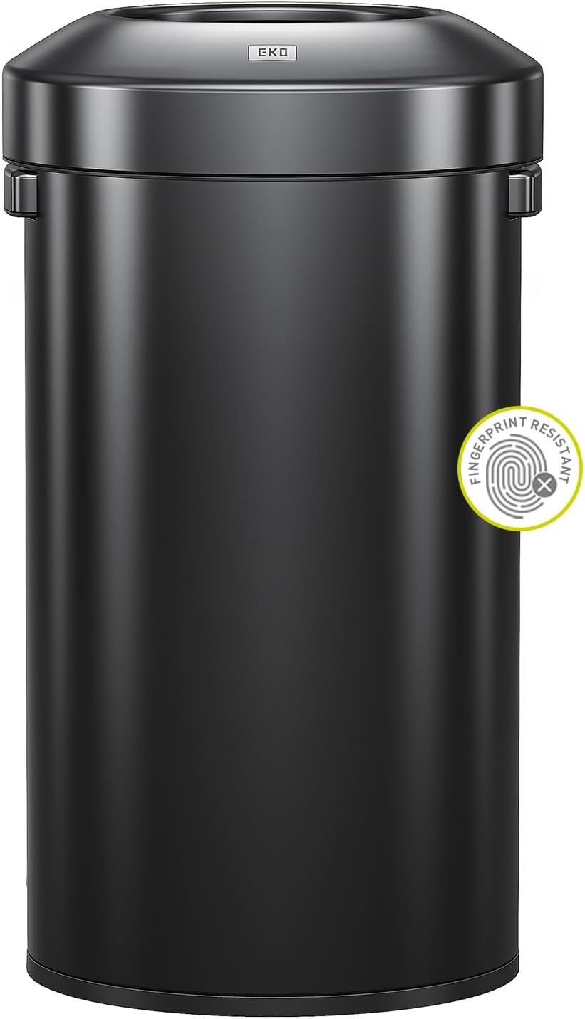 EKO Eternal 56L/15 Gallon Large Capacity Tall Commercial Trash Can, Round Open Top Waste Bin for Indoor and Outdoor, Black Steel Heavy-Duty, Durable Metal Garbage Bin for Home, Office, Restaurant