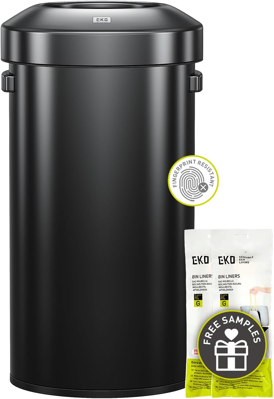 EKO Eternal 56L/15 Gallon Large Capacity Tall Commercial Trash Can, Round Open Top Waste Bin for Indoor and Outdoor, Black Steel Heavy-Duty, Durable Metal Garbage Bin for Home, Office, Restaurant