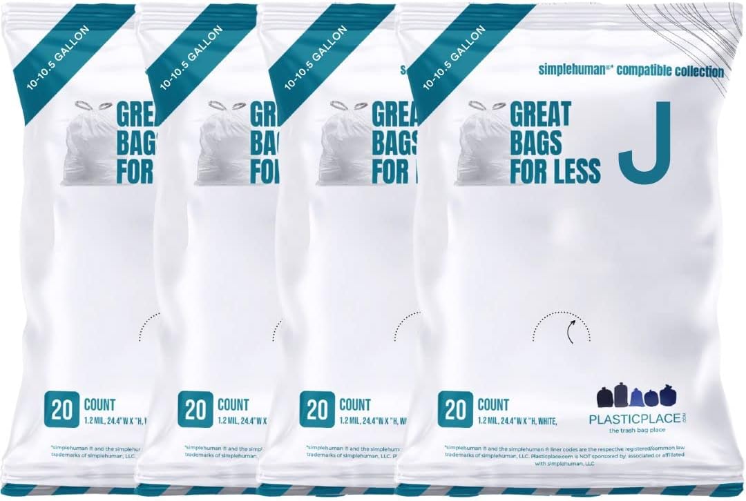 Plasticplace Custom Fit Trash Bags Compatible with Simplehuman Code J - 10-10.5 Gallon Drawstring Garbage Bags, Tear-Resistant, 200 Count White Trash Can Liners for Kitchens, Bathrooms & Offices