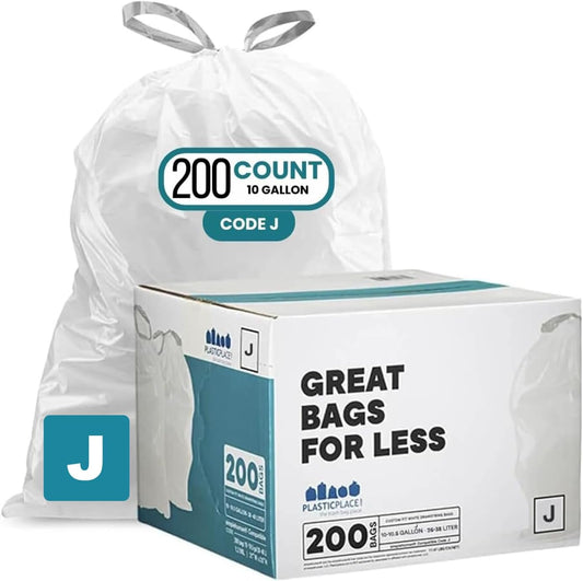 Plasticplace Custom Fit Trash Bags Compatible with Simplehuman Code J - 10-10.5 Gallon Drawstring Garbage Bags, Tear-Resistant, 200 Count White Trash Can Liners for Kitchens, Bathrooms & Offices