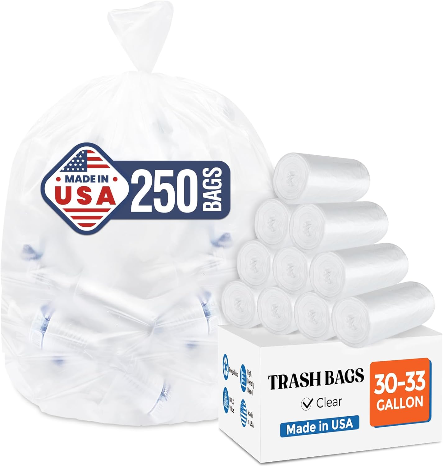 Delxo 30-33 Gallon Trash Bags, 250 Count – Medium Duty Garbage Bags, Thick, Durable & Puncture-Resistant Plastic Bolsas para basura, Perforated Design– Made in USA for Kitchen, Yard, Office (Black)