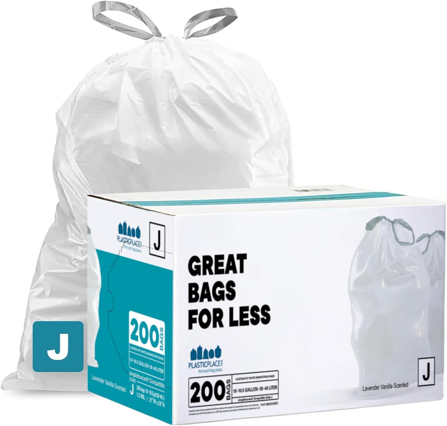 Plasticplace Custom Fit Trash Bags Compatible with Simplehuman Code J - 10-10.5 Gallon Drawstring Garbage Bags, Tear-Resistant, 200 Count White Trash Can Liners for Kitchens, Bathrooms & Offices
