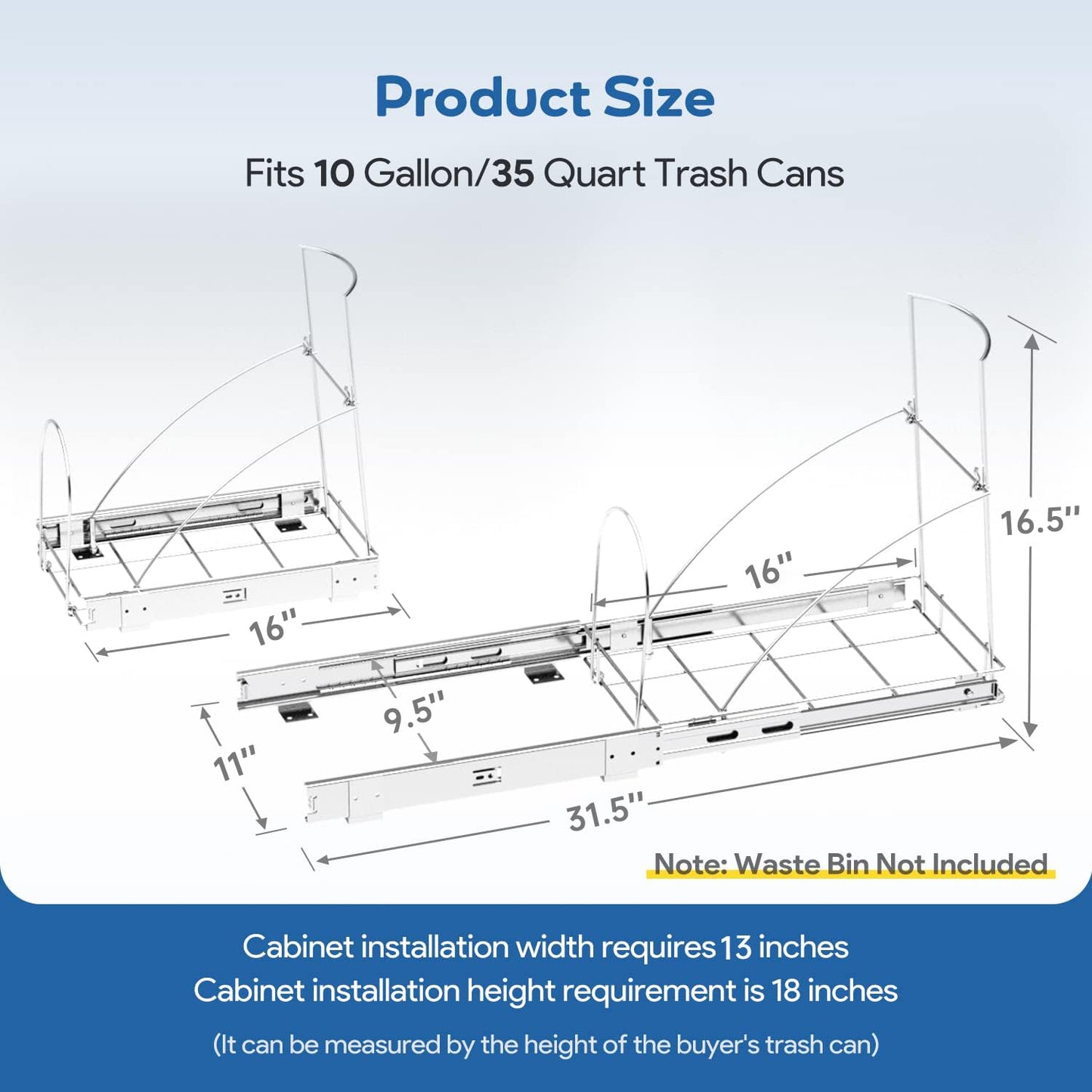 Pull Out Trash Can Under Cabinet & Under Sink - Heavy Duty Sliding Adjustable Cabinet Garbage Can Organizer, Requires Minimum Cabinets Opening 13" W X 18" D,Chrome Finish (Waste Bin Not Included)