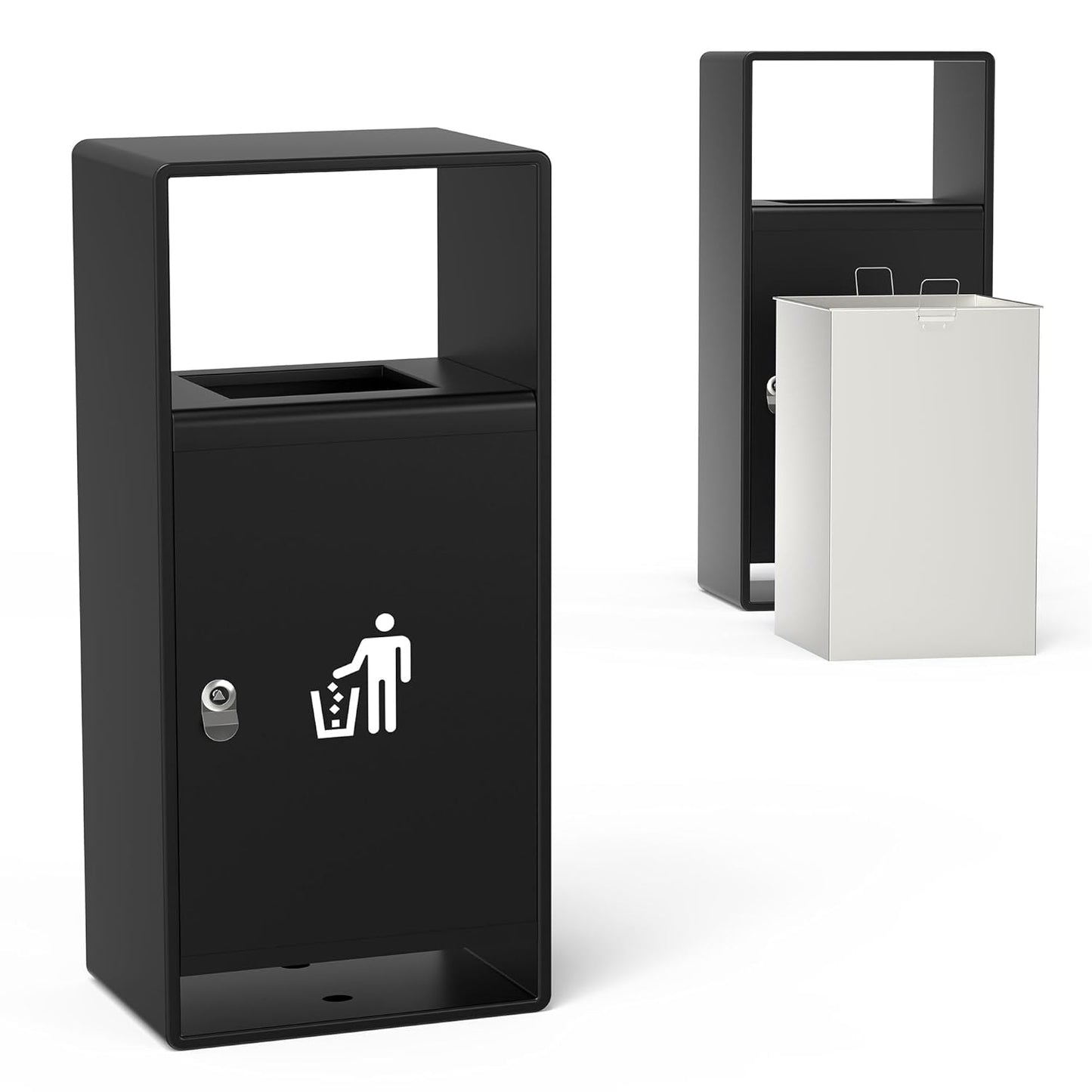 Outdoor Trash Can, 11-Gal Lockable Commercial Metal Waste Bin w/Tri-Key, Powder-Coated Steel & Removable Stainless Liner,Four-Side Openings—for Hotel Entrances,Parks,Malls (Black-Outdoor)