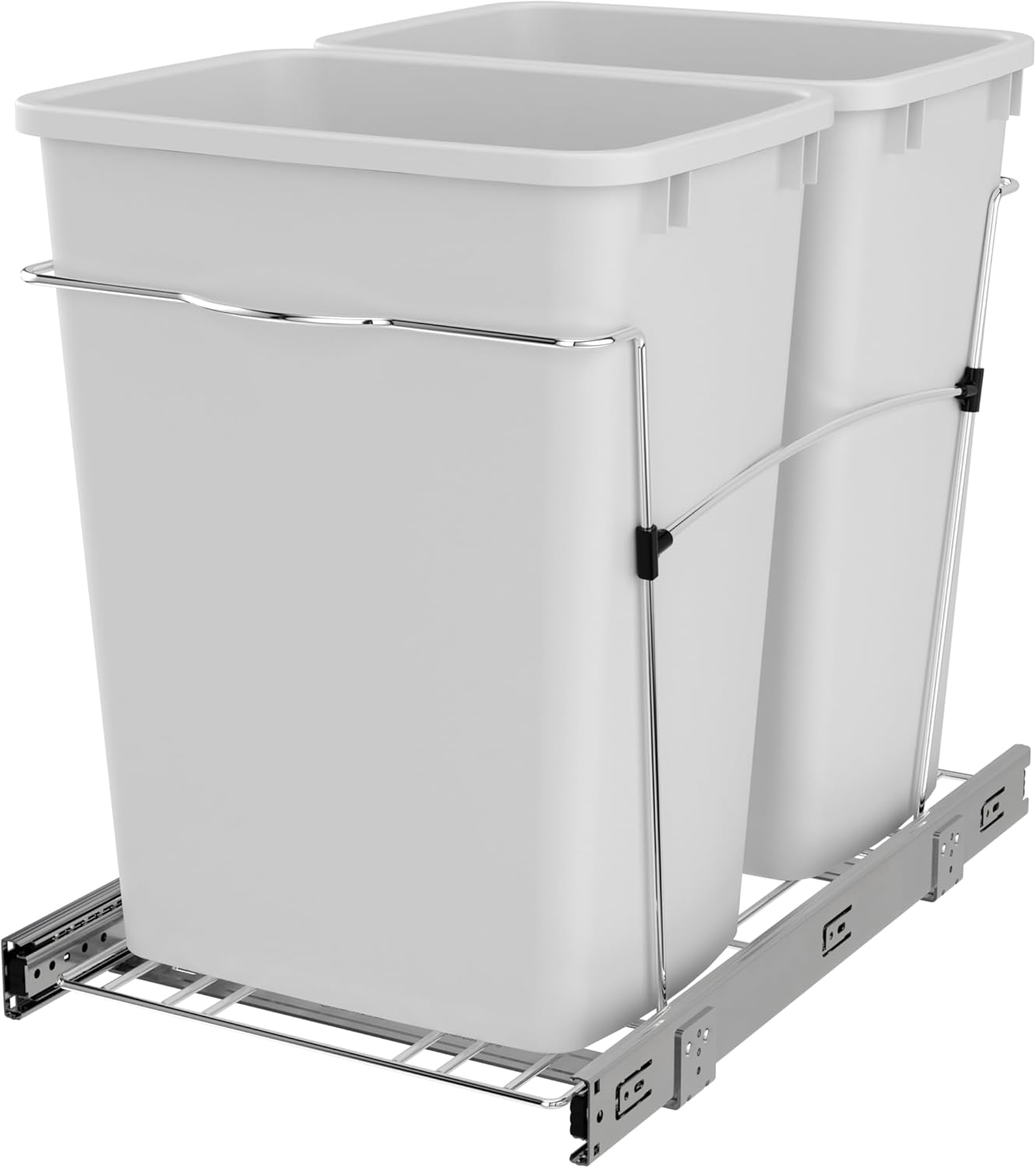 Rev-A-Shelf Double Pullout Trash Can for Kitchen Cabinets 35 Qt Garbage Recycling Bin on Full Extension Slides, Black, RV-18KD-18C S