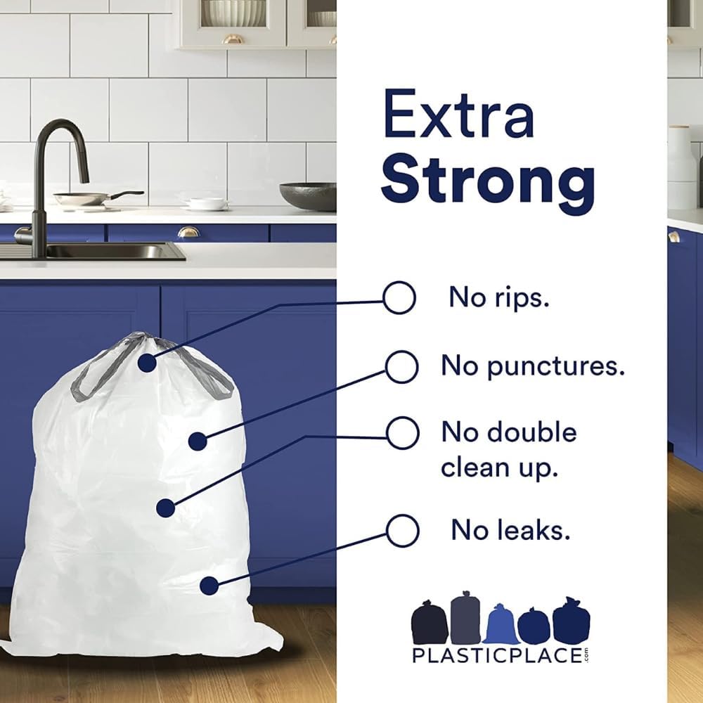 Plasticplace Custom Fit Trash Bags Compatible with Simplehuman Code J - 10-10.5 Gallon Drawstring Garbage Bags, Tear-Resistant, 200 Count White Trash Can Liners for Kitchens, Bathrooms & Offices