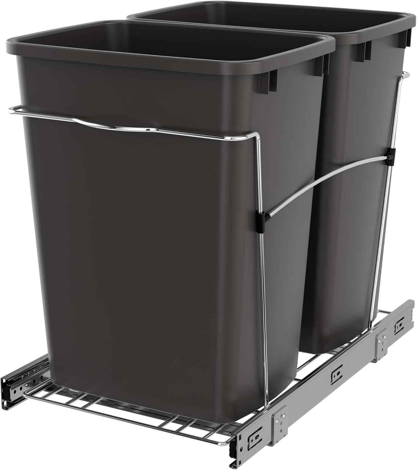 Rev-A-Shelf Double Pullout Trash Can for Kitchen Cabinets 35 Qt Garbage Recycling Bin on Full Extension Slides, Black, RV-18KD-18C S