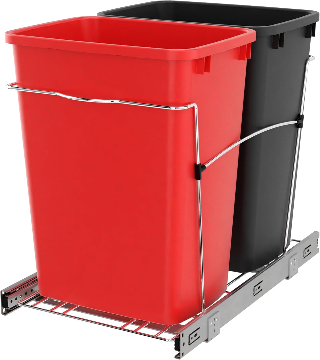 Rev-A-Shelf Double Pullout Trash Can for Kitchen Cabinets 35 Qt Garbage Recycling Bin on Full Extension Slides, Black, RV-18KD-18C S