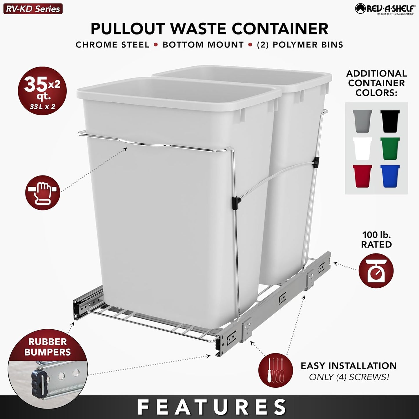 Rev-A-Shelf Double Pullout Trash Can for Kitchen Cabinets 35 Qt Garbage Recycling Bin on Full Extension Slides, Black, RV-18KD-18C S