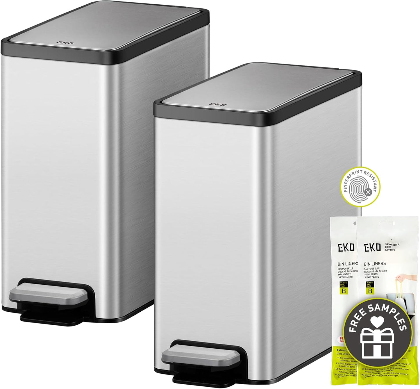 EKO Small Bathroom Trash Can with Lid Soft Close, Step Pedal, 10 Liter / 2.6 Gallon Stainless Steel Garbage Can with Removable Inner Bucket, Anti-Fingerprint Finish (Silver)