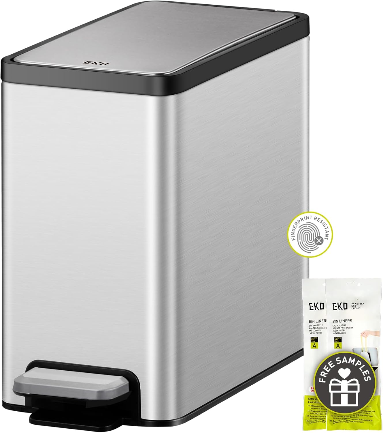 EKO Small Bathroom Trash Can with Lid Soft Close, Step Pedal, 10 Liter / 2.6 Gallon Stainless Steel Garbage Can with Removable Inner Bucket, Anti-Fingerprint Finish (Silver)