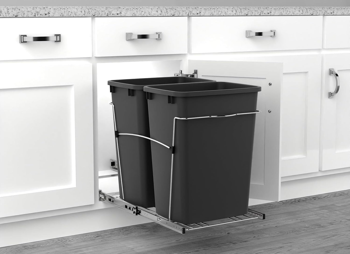 Rev-A-Shelf Double Pullout Trash Can for Kitchen Cabinets 35 Qt Garbage Recycling Bin on Full Extension Slides, Black, RV-18KD-18C S