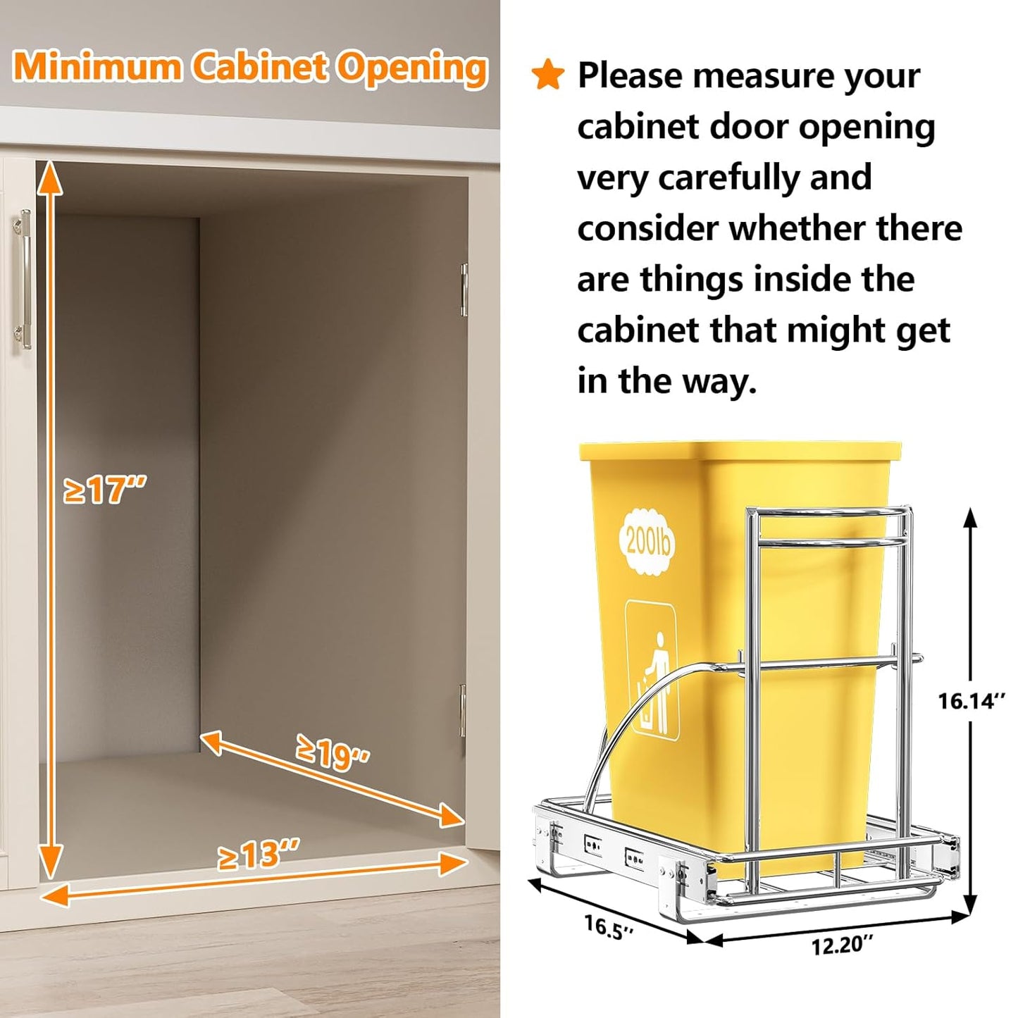 ANASTA Single Pull Out Trash Can Under Cabinet 7-13 Gal, Heavy Duty Under Sink Garbage Can, 50Qt Slide Out Waste Bin for 13" Wx 17" Hx 19" D Base Cabinet, Trash Bin Holder for Drawer/Counter, No Can