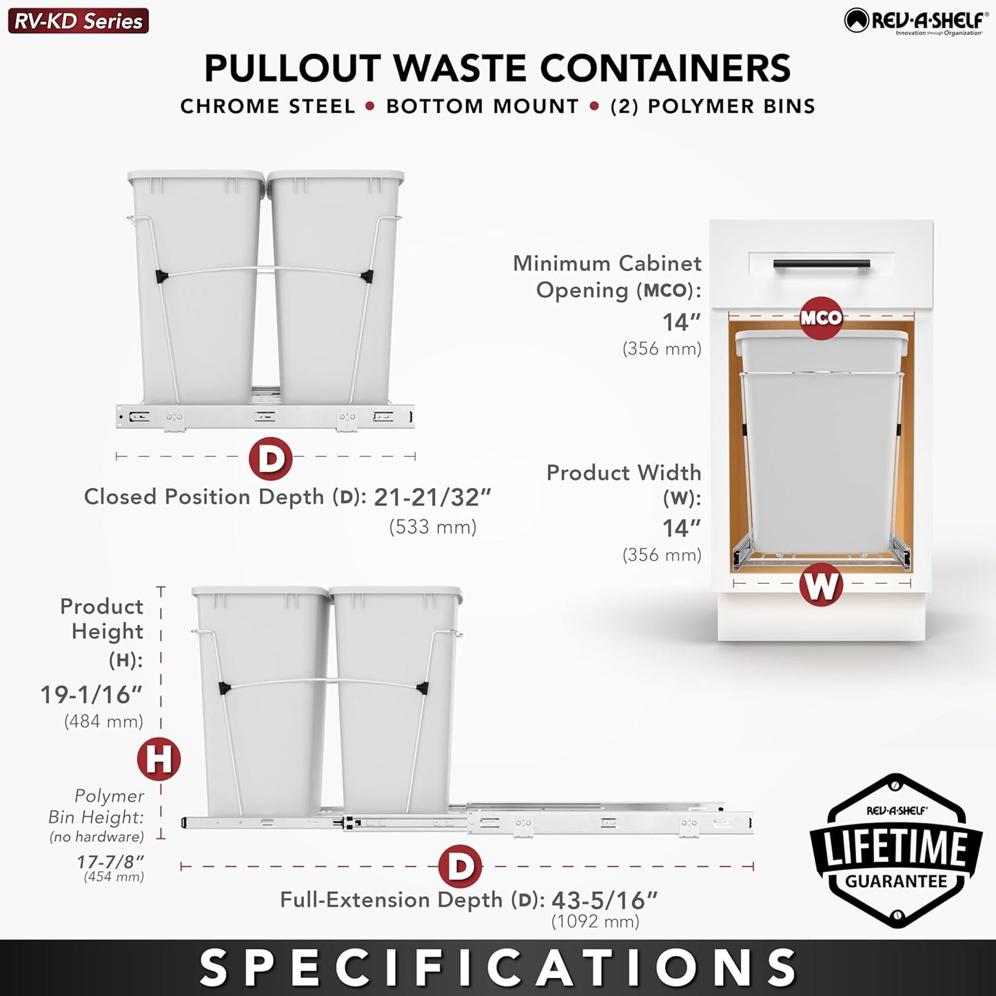 Rev-A-Shelf Double Pullout Trash Can for Kitchen Cabinets 35 Qt Garbage Recycling Bin on Full Extension Slides, Black, RV-18KD-18C S