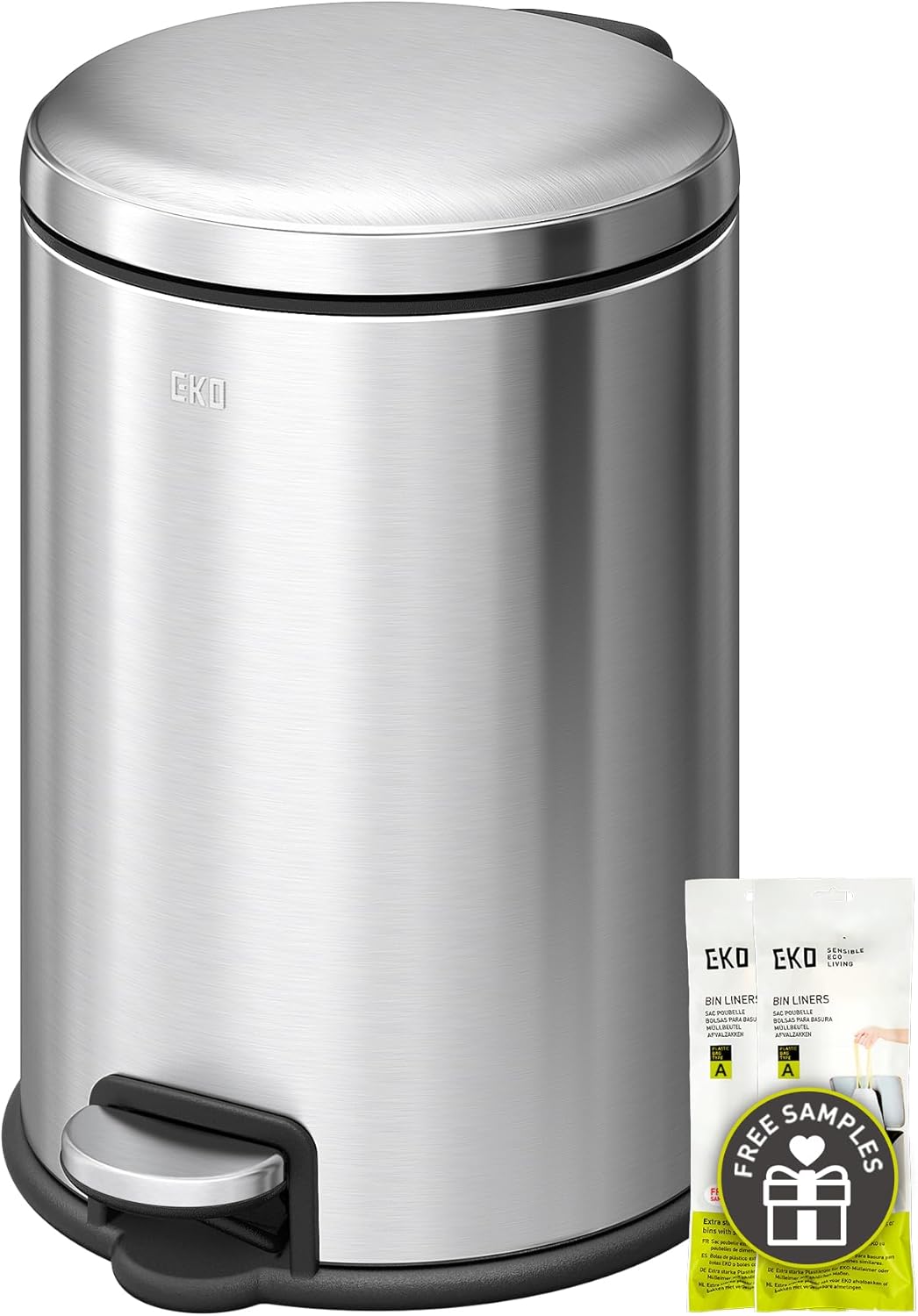 EKO Small Bathroom Trash Can with Lid Soft Close, Step Pedal, 10 Liter / 2.6 Gallon Stainless Steel Garbage Can with Removable Inner Bucket, Anti-Fingerprint Finish (Silver)