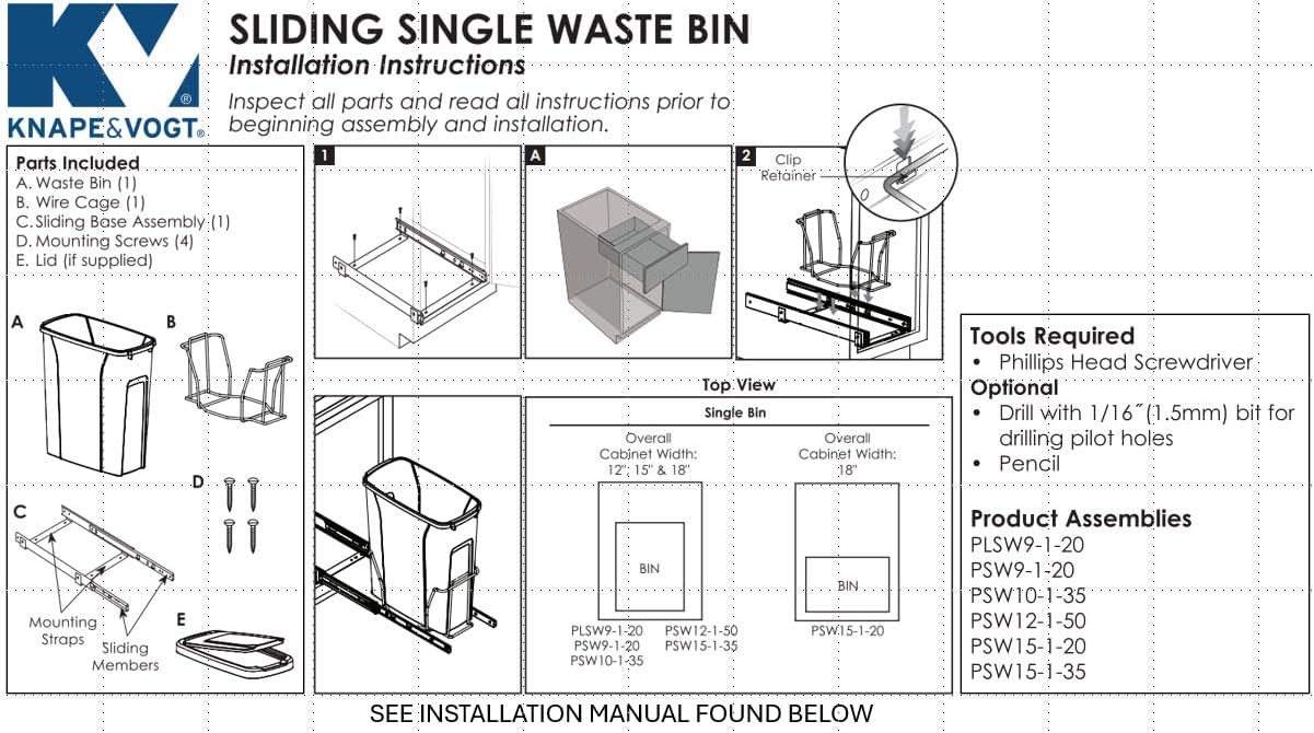 Knape & Vogt RS-PSW9-1-20-P 17 in. H x 8 in. W x D Steel in-Cabinet 20 Qt. Single Platinum Pull Out Trash Can