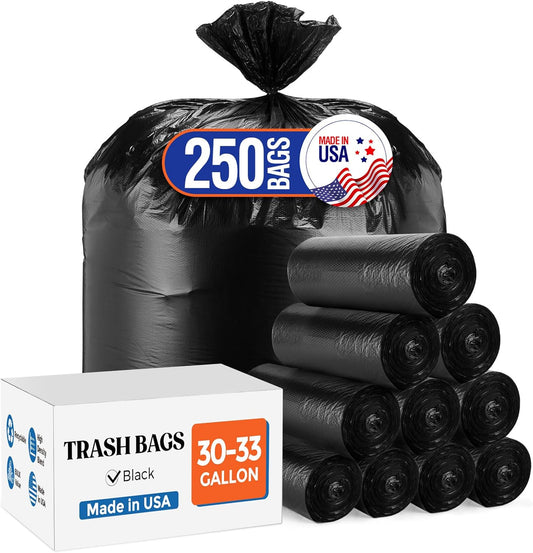 Delxo 30-33 Gallon Trash Bags, 250 Count – Medium Duty Garbage Bags, Thick, Durable & Puncture-Resistant Plastic Bolsas para basura, Perforated Design– Made in USA for Kitchen, Yard, Office (Black)