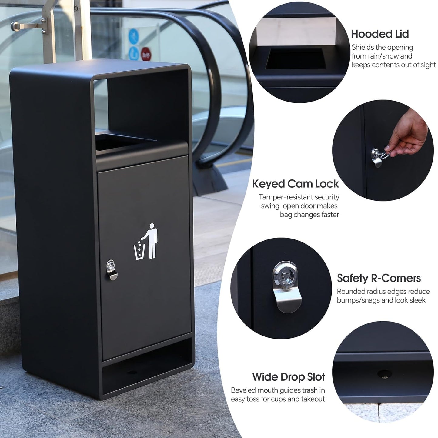 Outdoor Trash Can, 11-Gal Lockable Commercial Metal Waste Bin w/Tri-Key, Powder-Coated Steel & Removable Stainless Liner,Four-Side Openings—for Hotel Entrances,Parks,Malls (Black-Outdoor)