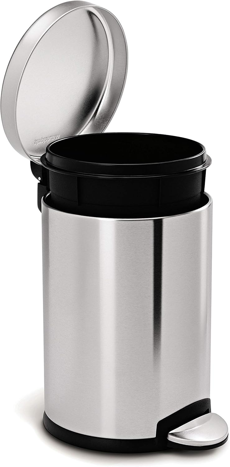 simplehuman 4.5 Liter / 1.2 Gallon Round Bathroom Step Trash Can, Brushed Stainless Steel