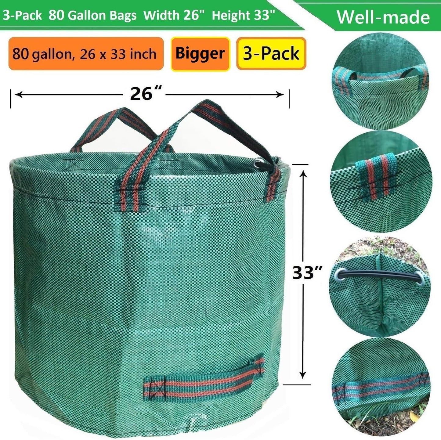 Professional 3-Pack 80 Gallons Lawn Garden Bag Leaf Waste Bags (D26, H33 inches) with Coated Gardening Gloves,Reuseable Heavy Duty Patio Bags,Grass Pool Bags,Home Yard Trash Bags with 4 Handles