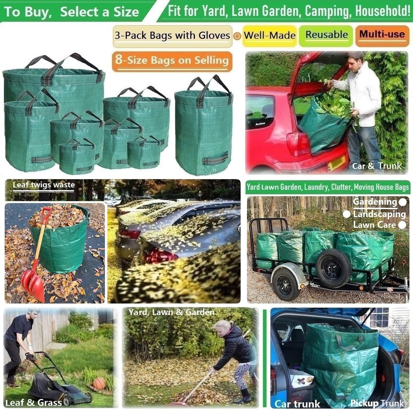 Professional 3-Pack 80 Gallons Lawn Garden Bag Leaf Waste Bags (D26, H33 inches) with Coated Gardening Gloves,Reuseable Heavy Duty Patio Bags,Grass Pool Bags,Home Yard Trash Bags with 4 Handles