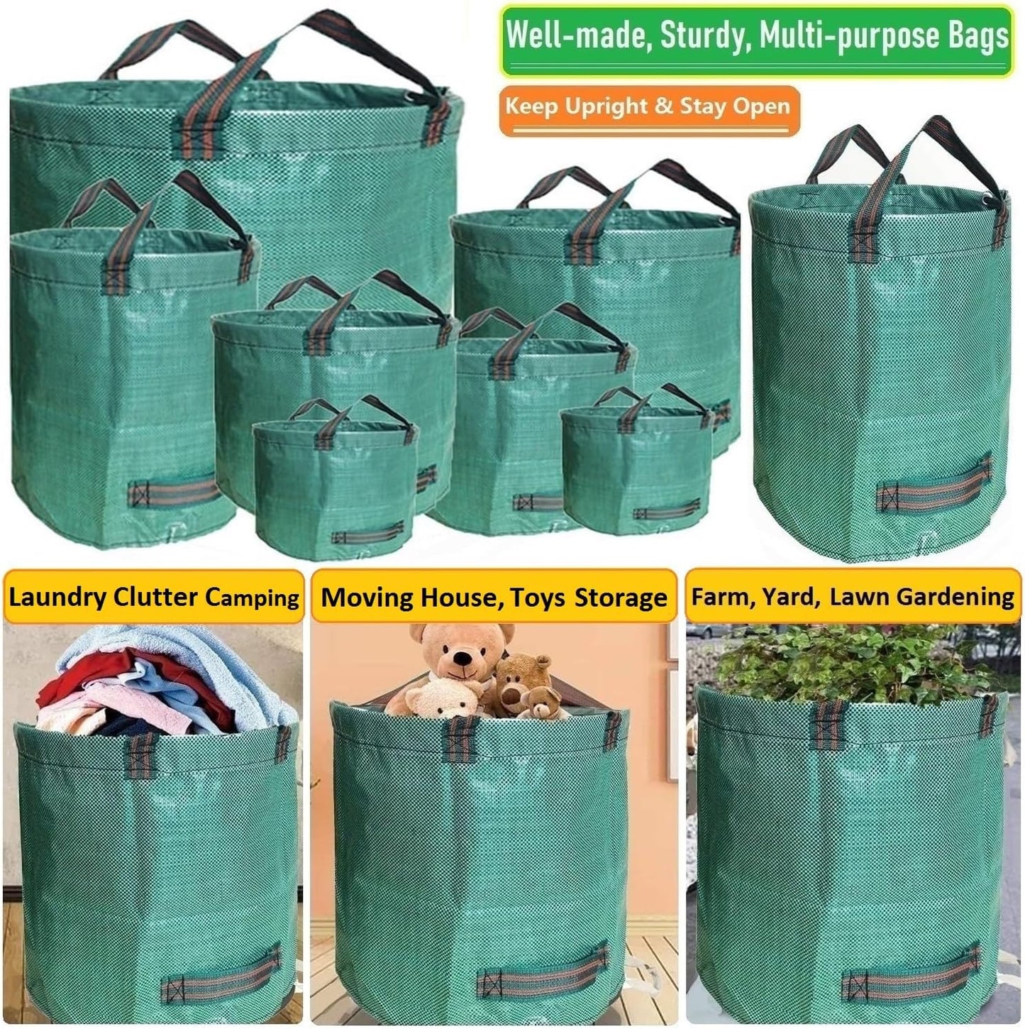 Professional 3-Pack 80 Gallons Lawn Garden Bag Leaf Waste Bags (D26, H33 inches) with Coated Gardening Gloves,Reuseable Heavy Duty Patio Bags,Grass Pool Bags,Home Yard Trash Bags with 4 Handles