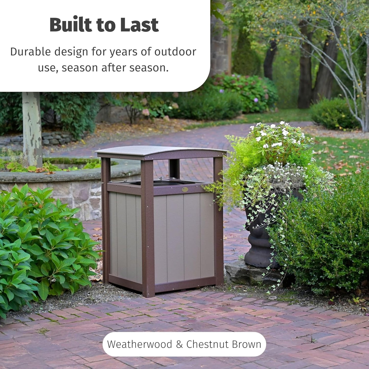 LuxCraft Poly Outdoor Trash Can, Garbage Can Outdoor - Durable All Weather Commercial Trash Can & Residential Outdoor Trash Bin for Patio Pool Park Business and Personal (Antique Mahogany & Black)